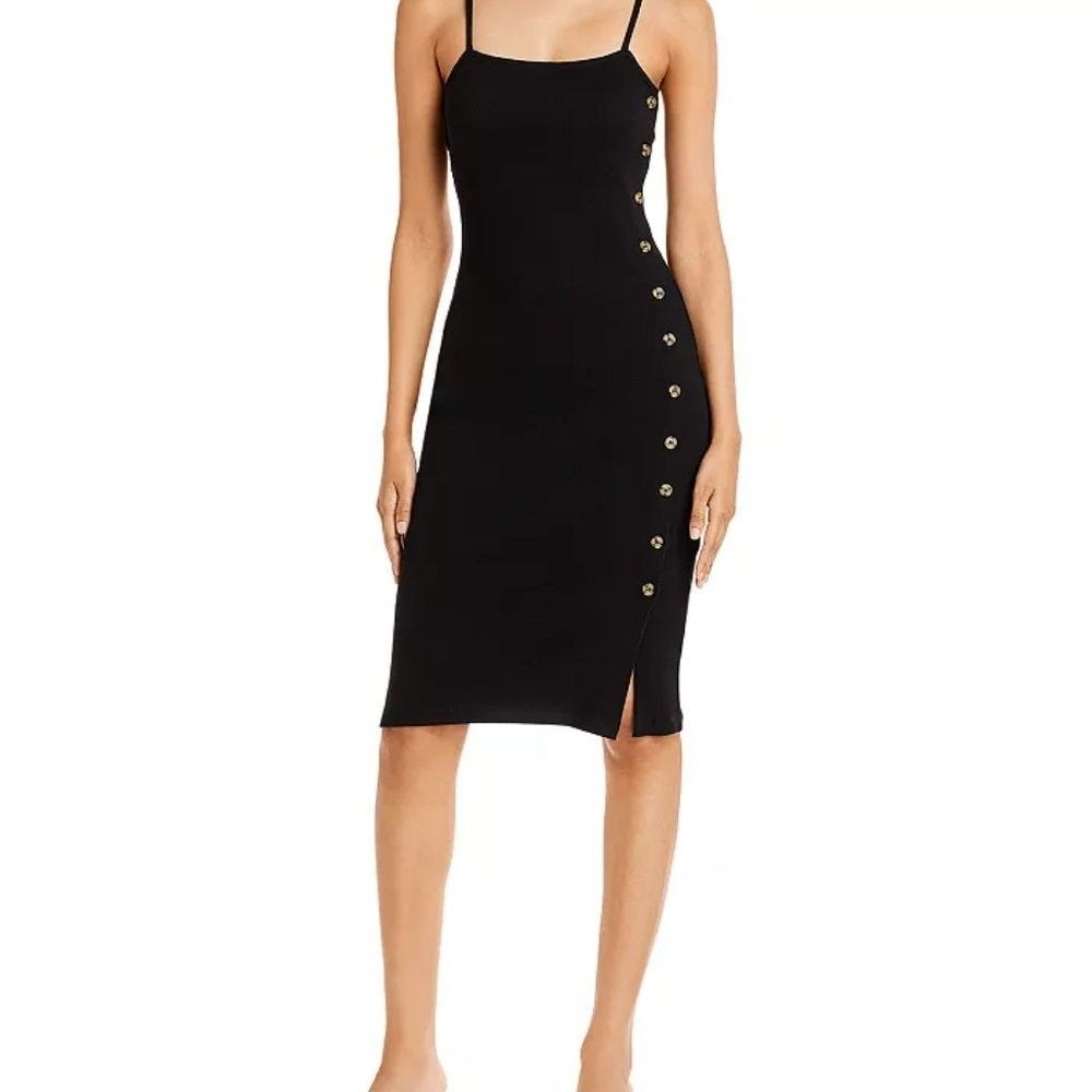 French Connection Black Ribbed Dress Side Button Cotton Size 6 Midi